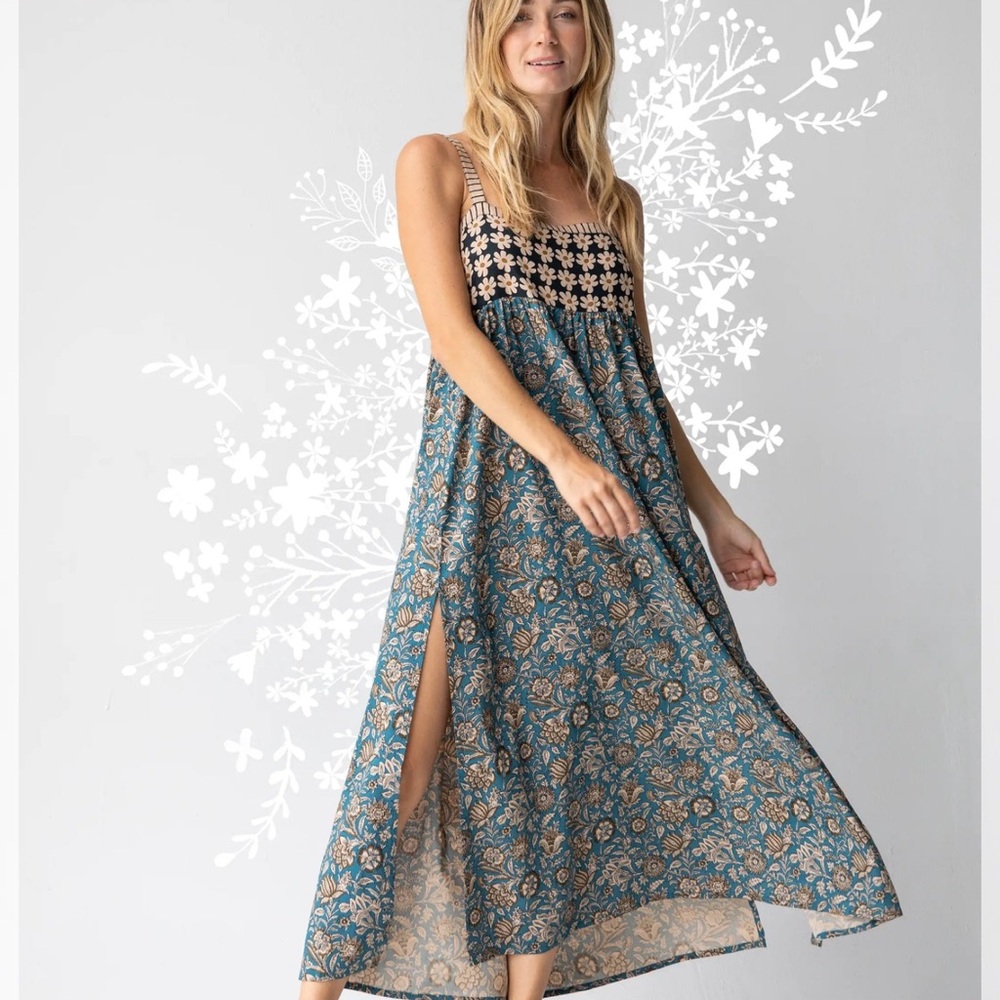 Natural Life Sleeveless Teal Floral Maxi Dress- Patti Dress
